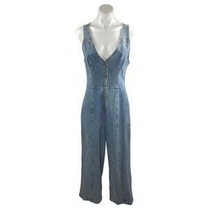 Etiquette Blue Denim Sleeveless V-Neck Button Wide Leg Overalls Jumpsuit Size S